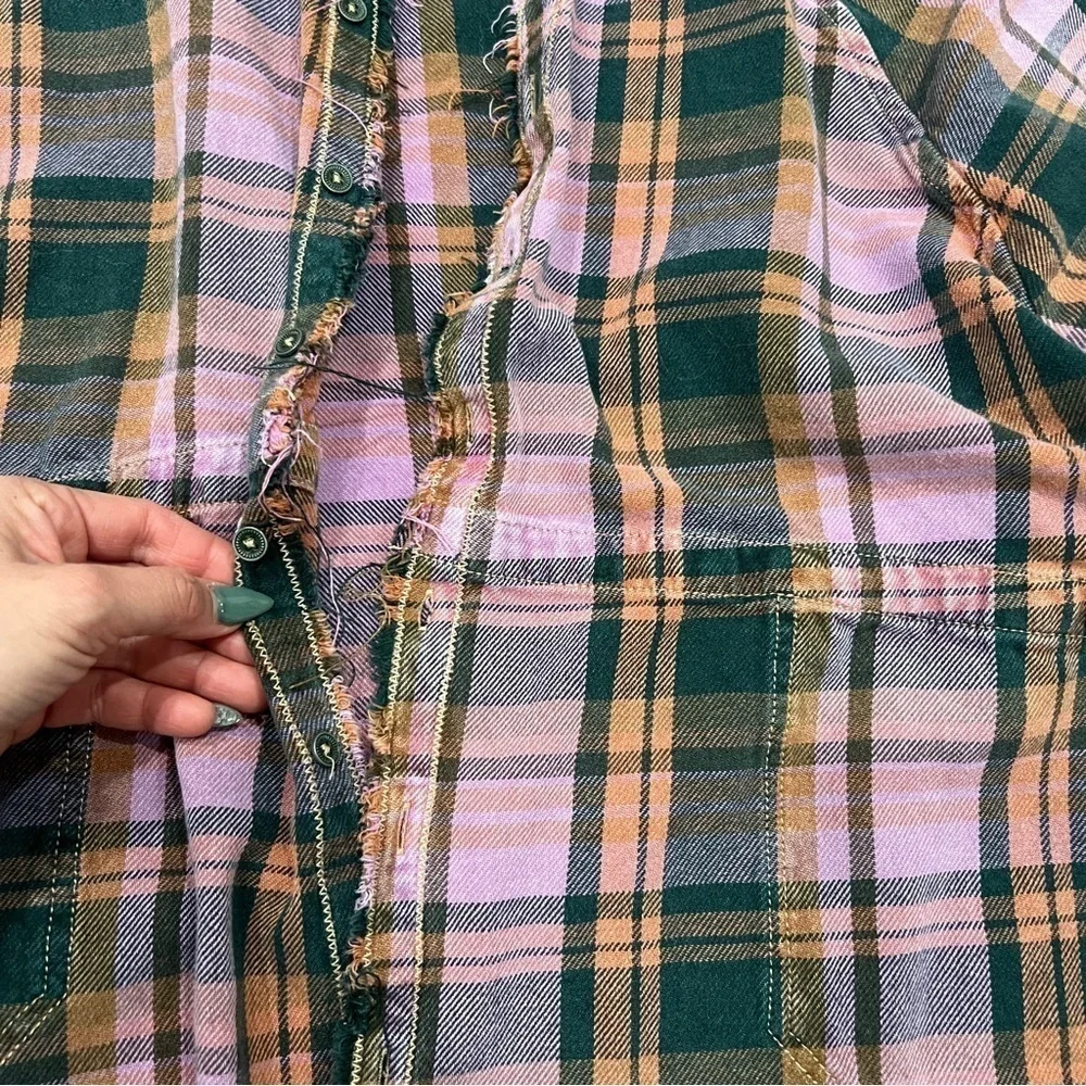 We The Free | Oversized Frayed Plaid Button Up Shirt Pink & Green - Picture 2 of 12
